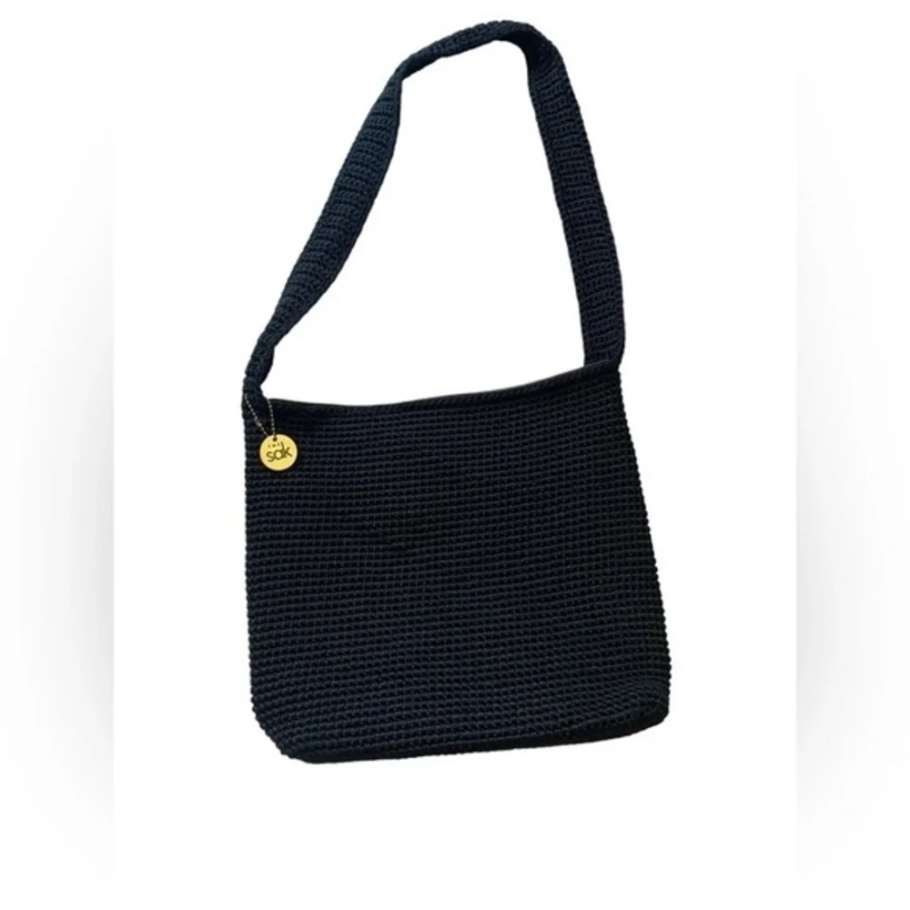 The SAK black woven crochet knit shoulder bag purse excellent condition